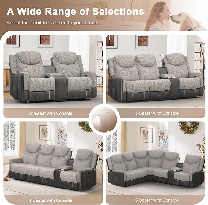 Recliner Sofa 2 - Way Multi - Function Manual 3 Seater Couch with Cup Holders Storage &amp USB Ports Modern Multifunctional Sofa Grey Linen &amp Leather Reclining Couch for Living Room