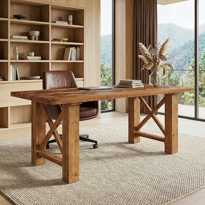 63-Inch Computer Desk Solid Wood Office Desk with Parquet Top and X-Shaped Legs Modern Executive Study Table for Home Office Large Legroom Brown