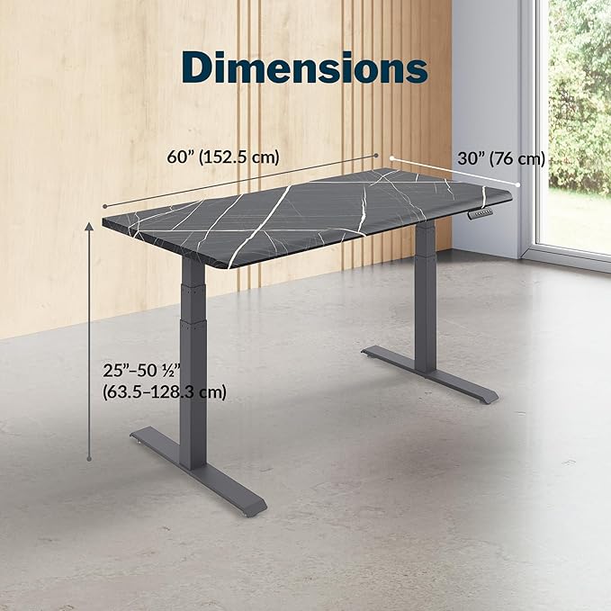 Vari ComfortEdge 60x30 Inch Adjustable Electric Standing Desk – Limited Edition Sit Stand VariDesk with Memory Presets &amp Sloped Front Edge + Tool-Free Assembly (Black Marble/Slate Legs)