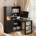 Modern L-Shaped Corner Desk with Hutch Black 46.06 D x 55.9 W x 62.79 H Home Office Computer Desk with Storage Space Saving Black
