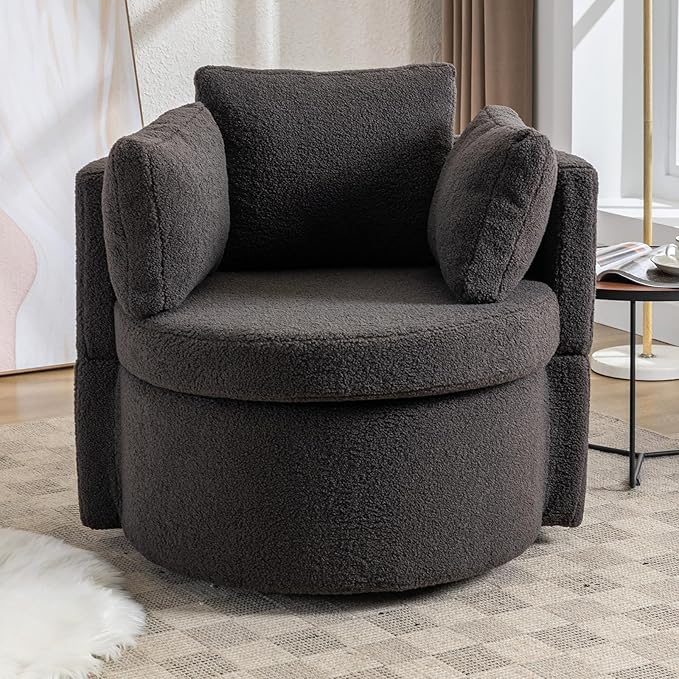 FOXHUNTER Swivel Barrel Chair 360 Degree Oversized Swivel Accent Chair with 3 Pillows Swivel Storage Chair for Nursery Living Room Bedroom 31.5D X 33.9W X 33.86H Inch (Teddy Dark Gray)