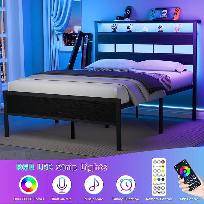 Furnulem Full Size Bed Frame with LED Light and Charging Station Wood Storage Headboard with 2-Tier Shelves Metal Platform Bed with Heavy Duty Slats Support No Box Spring Needed Black Oak