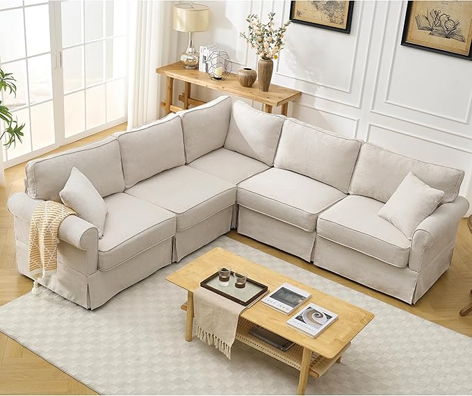 Modular Sectional Sofa SetConvertible L Shaped Couch5 SeatReversible Sectional Sofa CouchUpholsteredCorner SofaRolled ArmsSoft Linen Fabric (Beige)