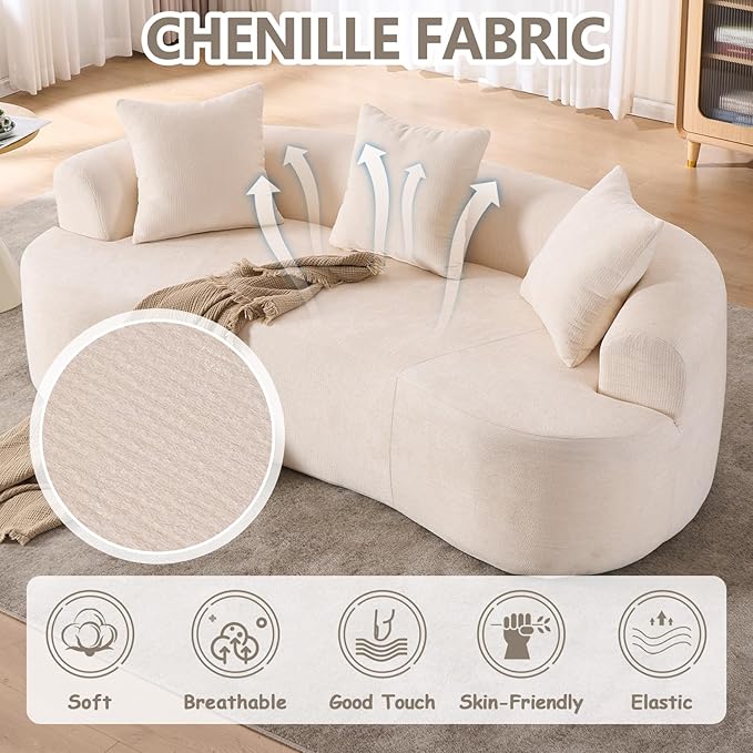 Luxury 80” Curved Loveseat Sofa Chenille Curved Couch with 2 Big Pillows &amp Extra Wide Armrests Comfy Upholstered Oversized Loveseat Couch &amp Sofa for Living Room (Beige 80 Inches)