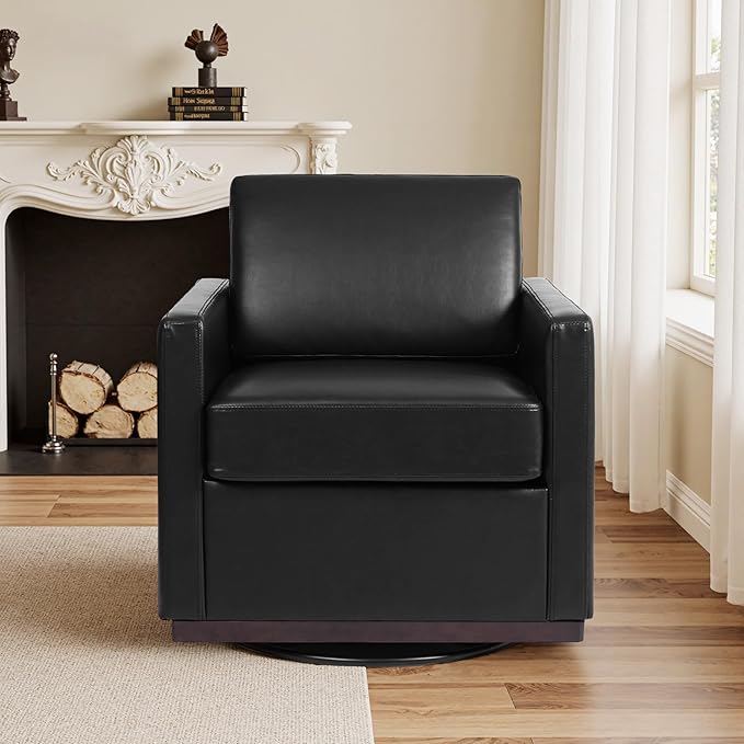 Swivel Barrel Accent Chair Mid Century Modern Arm Chair for Living Room Bedroom Comfy Club Reading Lounge Sofa Corner Chairs for Adults (Leather Black Set of 2)