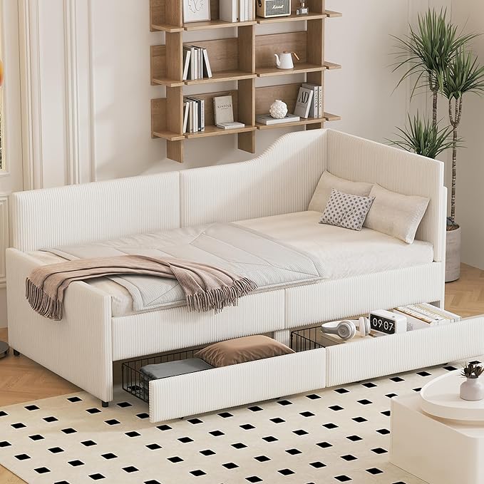 Twin Size Daybed L-Shaped Modern Corduroy Upholstered Sofa Day Bed Frame with Storage Drawers for Living Room Bedroom Guest Room No Box Spring Needed (Beige)