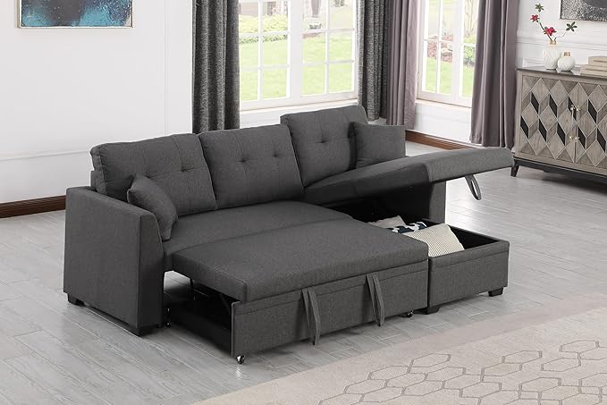 83 L-Shaped Sleeper Sectional Sofa with Storage Chaise &amp Cup Holders – Pull-Out Convertible Bed 3-in-1 Space-Saving Design for Apartments Modern Linen Fabric Easy Assembly