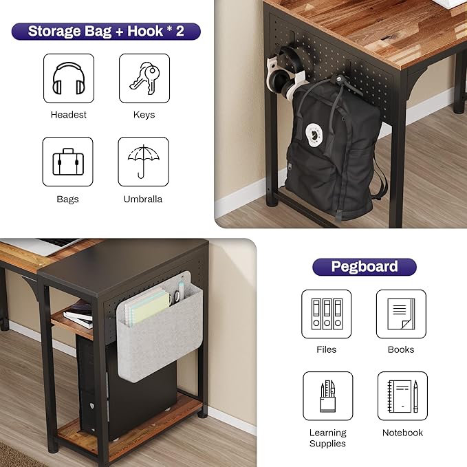It's_Organized Reversible L Shaped Desk with Monitor Stand58x47 inch Corner DeskStudy Writing Computer Table with Storage Shelves for Home OfficeRustic Brown/Black