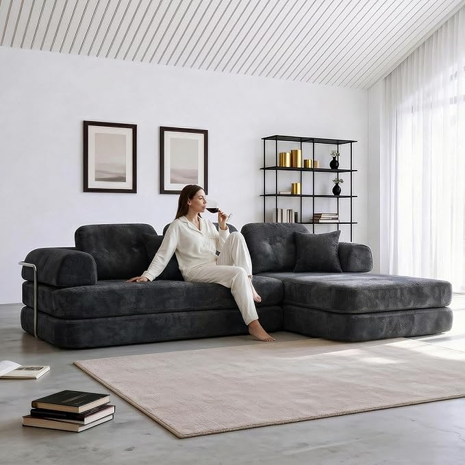 104 Modular Sofa Bed 8-in-1 Convertible Sectional Couch with High Resilience Sponge &amp Oversized 3 Cushions – Modern Boneless Design for Living Rooms &amp Apartments (Dark Gray 104'')