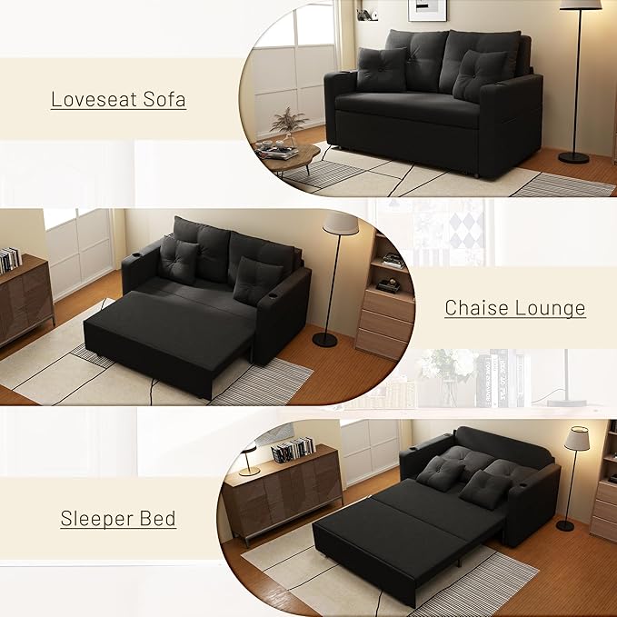 3 in 1 Sofa Bed 56 Inch Convertible Pull Out Couch Loveseat Sleeper Sofa with Cup Holders USB Couch Bed for Living Room Bedroom Apartment Black