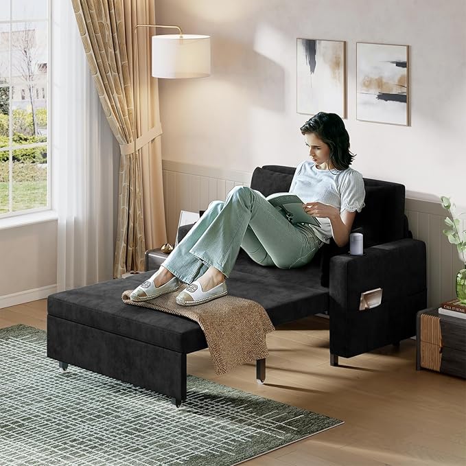 Garvee 3 in 1 Pull Out Couch 56 Inch Convertible Sleeper Sofa Bed Loveseat Sofa Couch with Cup Holders USB &amp Side Pocket Modern Loveseat for Living Room Bedroom Includes Toss Pillows Black