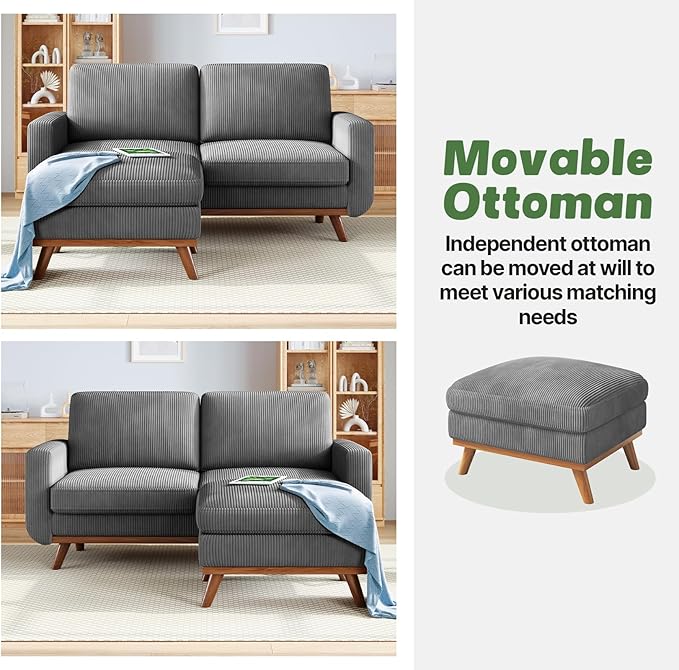 Vesgantti 68 Loveseat Sofa with Movable Ottoman Comfy Corduroy Couch with Spring Cushion Sofa Couch with Solid Wood Modern Office Sofa with Deep Seat for Living Room and Bedroom Dark Gray