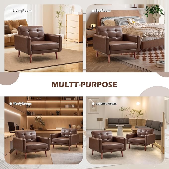 CANMOV 29 W Oversized Leather Accent Chair Set of 2 Mid Century Modern Accent Chairs Armchair Button Back for Living Room Modern Upholstered Bedroom Chair Cozy Armchair with Wood Legs Brown
