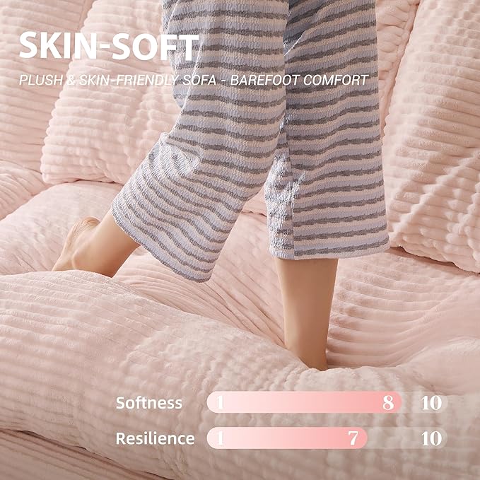 Modular Sectional Sofa 102” L-Shaped Corduroy Couch with Ottoman Deep Seat Comfy Sectional for Living Room Set of Soft Upholstered Cloud Couch for Apartment Pink