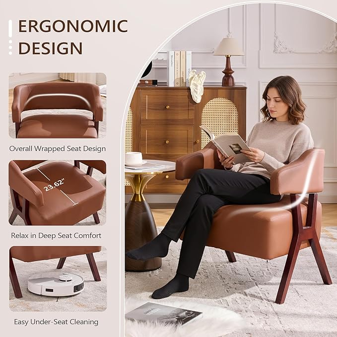 JIASTING Barrel Accent Chairs Brown Leather Chairs with Solid Wood Frame Mid-Century Modern Wooden Armchair with Wraparound Back Comfy Office Reading Chair for Living Room Bedroom (2 Brown)