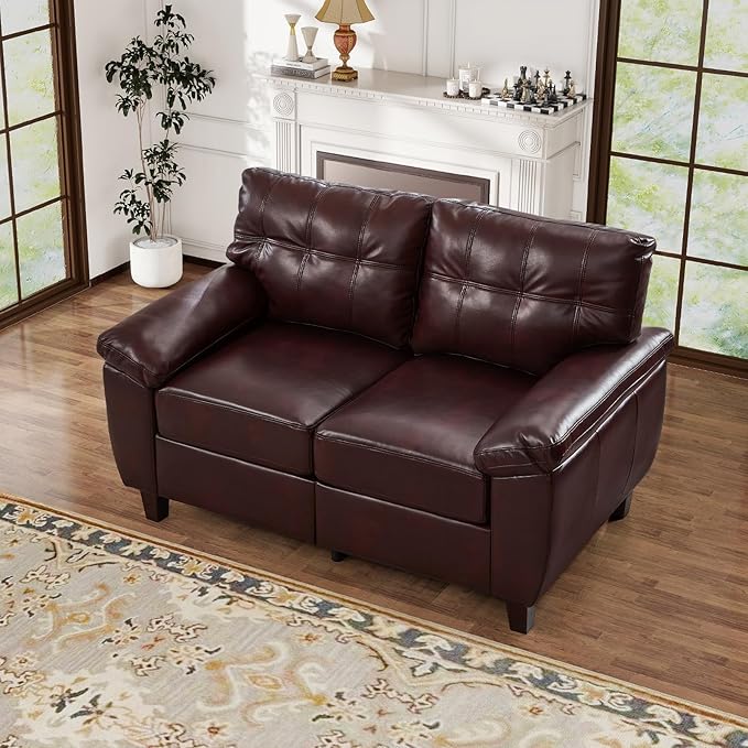 59W Faux Leather Sofa Loveseat Couch with Hidden Storage &amp Tufted Backrest Upholstered Mid Century Modern Couch Deep Seat Comfy Chesterfield Sofa for Livingroom Bedroom Office(2 Seater Burgu