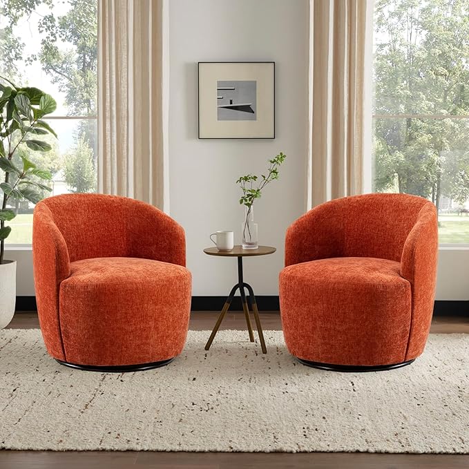 Modern Orange Chenille Swivel Accent Chair 360 Degree Round Bucket Chair Comfortable Arm Chair for Living Room Bedroom Nursery