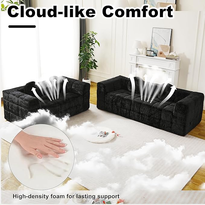 2 Piece Modern Boneless 86 3 Seater + 66 Loveseat Sofa with Two Throw Pillows Lychee-textured Long-pile Polyester Fabric Checkered Fabric Design Foam Couch (Black 3-Seater+Loveseat Sofa)