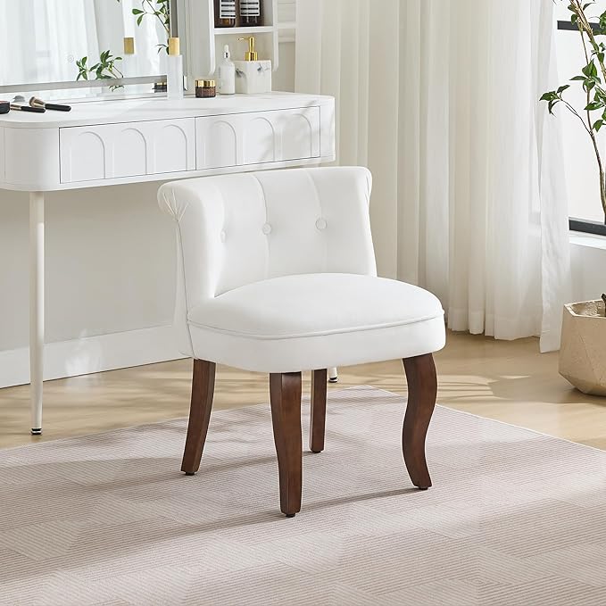 Velvet Vanity Chair with Back Tufted Upholstered Vanity Stool with Solid Wood Legs Mid Century Small Makeup Chair for Vanity Accent Chair for Bedroom Living Room White