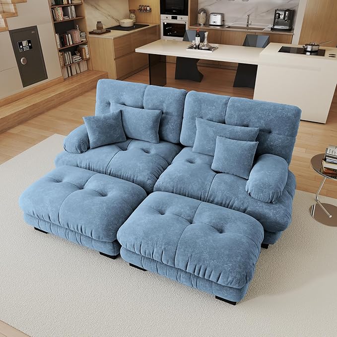 94.4 Oversized Modular Sectional Sofa Blue Large Sectional Couches for Living Room Chenille Fabric Sofa Set Cloud Love Seat Couches with 2 Ottomans Deep Seat Modern Sofas para Sala