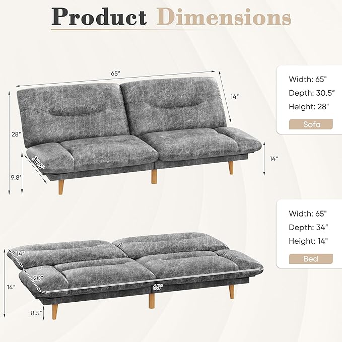 Homall Futon Sofa Bed Modern Loveseat Futon Couch with Adjustable Backrest and Armrests Sleeper Sofa Bed with Wood Frame for Living Room Office Apartment (Leathaire Heather Gray)
