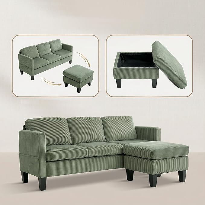 Modern L-Shaped Sofa with Corduroy Fabric 3-Seater Sectional Couch for Small Space Space-Saving Design Easy Assembly (Green)