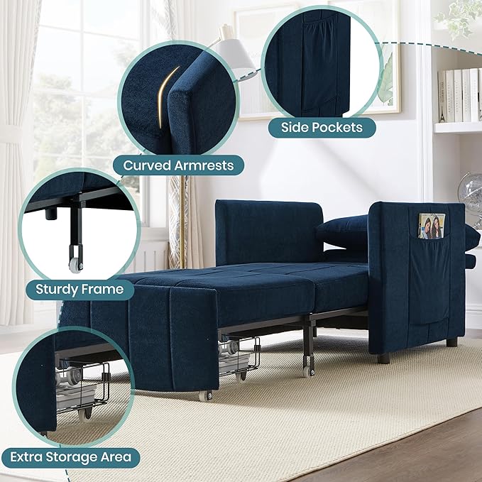 Ball &amp Cast Convertible Pull-Out Sleeper Sofa BedChenille Upholstered Pull Out Couch Chair3 in 1 Single Sofa Chair W/Storage Basket and Side PocketRecliner Chaise Lounge for Living RoomBlue31