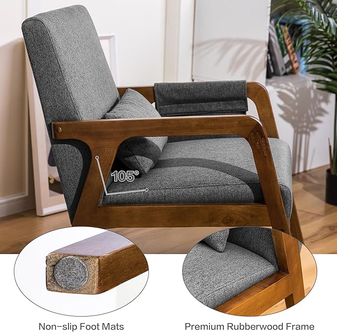 Accent Chairs Set of 2 Mid-Century Modern Chair with Side Pocket Lounge Armchair with Lumbar Pillow &amp Solid Wood Frame for Living Room Balcony Bedroom