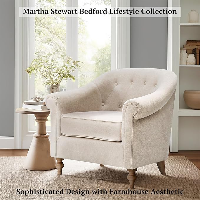 Martha Stewart Fayette Accent Chair for Living Room Bedford Collection Tufted Back Traditional Rolled Arms 6 Thick Removable Cushion Modern Farmhouse Furniture Bedroom Chair 35 Wide Cream