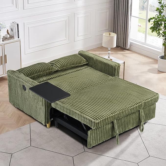 54W Convertible Sleeper Sofa Bed3-In-1 Corduroy Pull Out Couch BedFuton Loveseat Sleeper Couch with Adjustable Backrest &amp USB Ports &amp Side TableRecliner for Living Room/Office/Small Space(