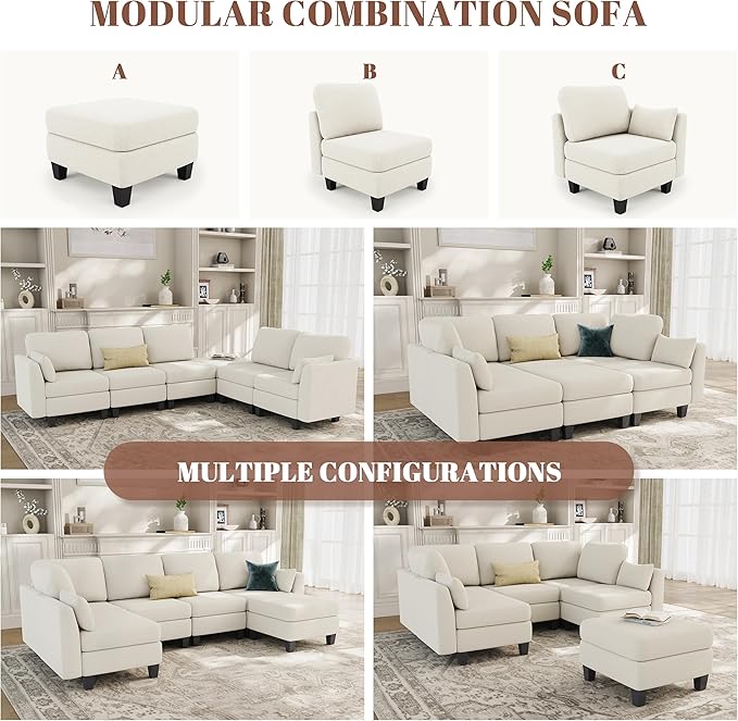 Sectional Sleeper Sofa 6 Seaters Modular Sleeper Sofa Couch Comfy Sectionals Couches Bed Convertible Sofas with Ottomans Modular Sectional Couches for Living Room Beige