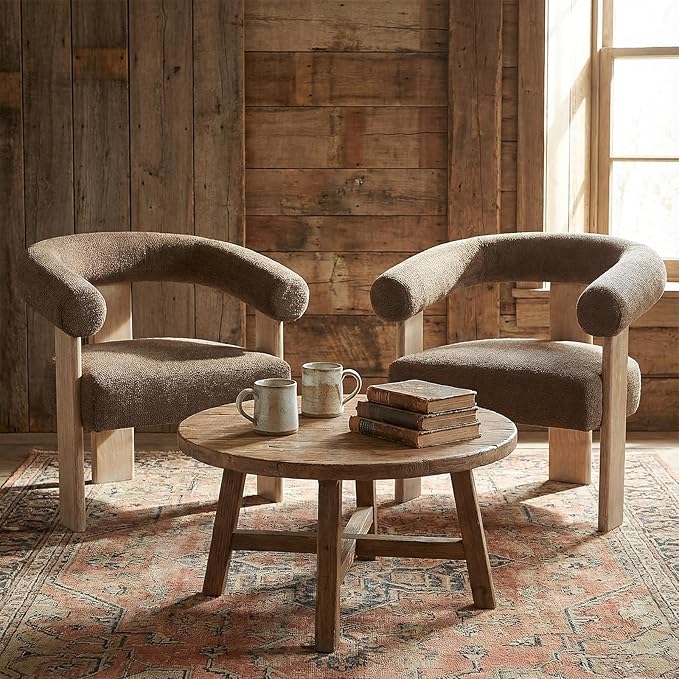 VKNOW Accent Chair Living Room Chairs Set of 2 Modern Upholstered Arm Chair with Solid Wood Legs Comfy Barrel Accent Chairs for Living Room Bedroom Brown
