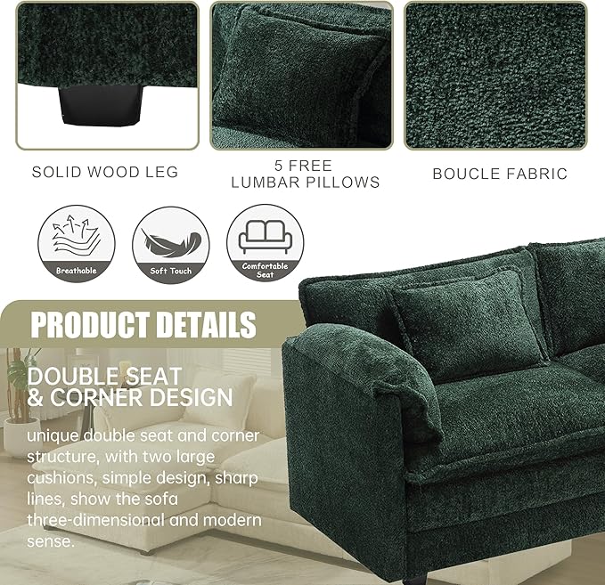 Modular Sectional Sofa Cloud Couch 112 L-Shape Sofa Chenille Comfy Upholstered with Removeable Ottoman and 3 Pillows for Living Room Emerald