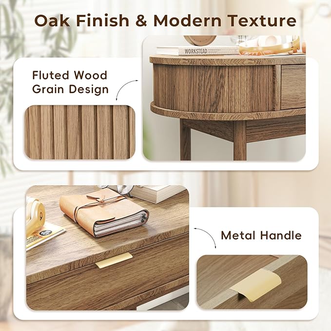 Writing Desk with Drawer 39 Small Computer Desk with Fluted Design Oval Wood Study Table for Small Space Modern Home Office Desk Makeup Vanity Table for Bedroom Brown