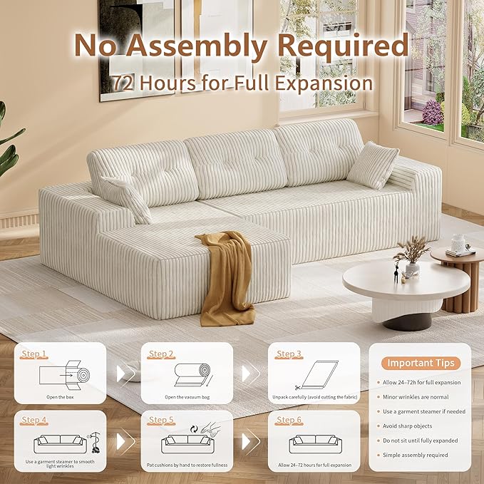 Ball &amp Cast 106 Cloud Modular Sectional Sofa Boneless Corduroy Couch with Deep Seat Comfy L-Shaped Sectional Modern Upholstered Sofa for Living Room No Assembly (Beige Left Facing Chaise)