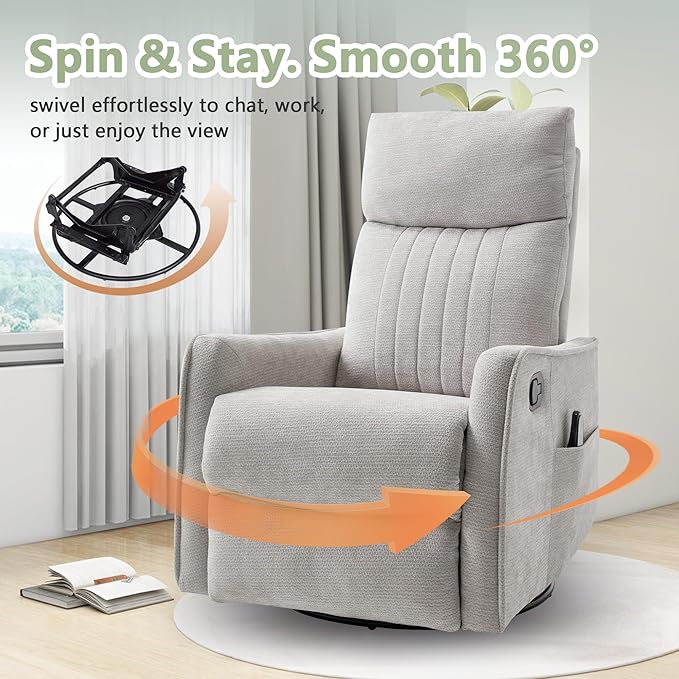 cinkehome Heated Massage Swivel Rocker Recliner Chair Nursery - Small Space Reclining Chair with Lumbar Support 360° Swivel &amp Gentle Rocking Ergonomic High Back Chenille Fabric Beige