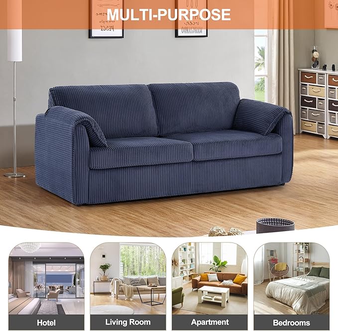 Pull Out Sofa Bed Corduroy Queen Sleeper Sofa Couch with Foam Mattress Large Sleeper Pullout Couch Bed for Living Room Office Queen Size (Blue)