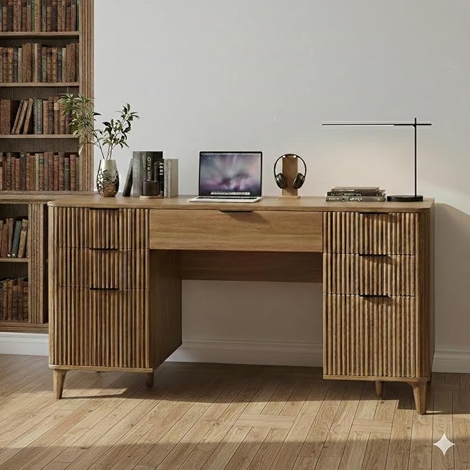 Walnut Desk with Drawers 55 Fluted Executive Desk with Storage Cabinet Wood Home Office Desk with File Cabinet Modern Computer Writing Desk for Study Living Room Bedroom