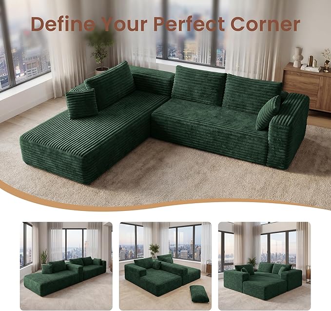 Modular Sectional Couch | CNest-LL 107 Left-Facing L-Shaped Cloud Sofa with High-Density Foam Boneless Floor Couch Cozy Thickened Corduroy Couch 1400lbs Support | Emerald Green
