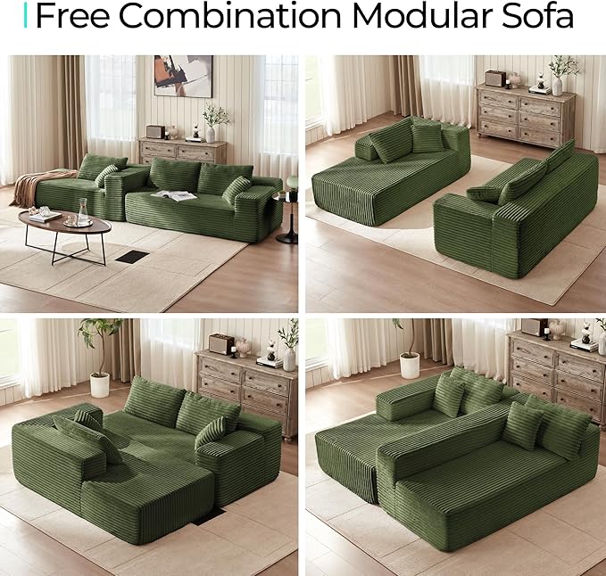 LINSY 106'' Cloud Sectional Couch - Plush Corduroy Modular Sofa with L-Shape Chaise Comfy Foam Couches for Living Room Apartment Compressed Couch No Assembly Required Green