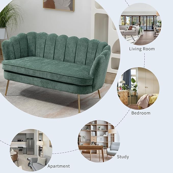 59 Modern Chenille Loveseat Couch Small Sofa with Gold Metal Legs2-Seater Upholstered Mini Sofa Couches for Small SpaceLiving Room Bedroom Office Dorm Studio Apartment (Green)