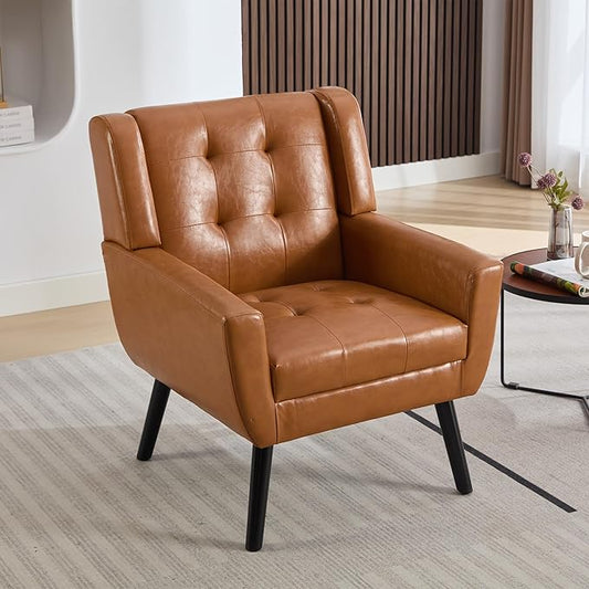 Modern Soft Leather Material Ergonomics Accent Chair Living Room Chair Bedroom Chair Home Chair with Black Legs for Indoor Home Light Brown PU