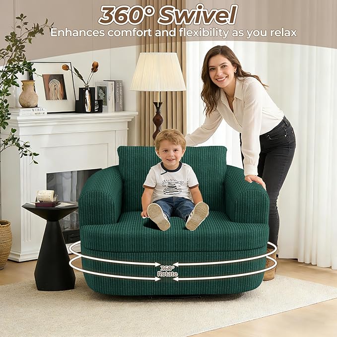 36.6 Swivel Accent Chair 360 Degree Oversized Swivel Barrel Chair for Living Room Modern Corduroy Upholstered Accent Armchair Comfy Boneless Sofa Chair for Bedroom Green