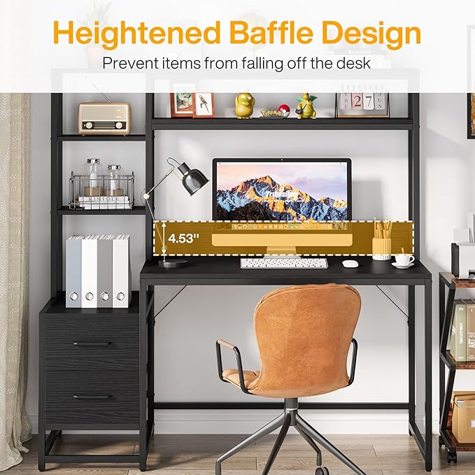 Tribesigns 55 Inch Computer Desk with 2 Drawers and Storage Shelves Rustic Office Desk with Hutch Study Writing Gaming Table Laptop Workstation for Home Office (Black)