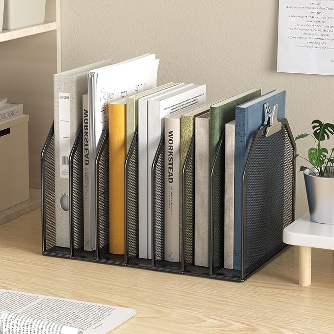 Metal 7-Section File Folder Organizer for Desk | Vertical Office File Holder | Heavy-Duty Mesh Document Sorter for Books Binders Laptops | Black Desk Organizer (12.8”x8.5”x7.9”)