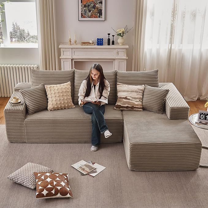 107 Cloud Sectional Couch with L-Shape Chaise Modern Modular Comfy Sofa Chaise Longue Upholstered Corduroy Couches Sleeper with Deep Seat for Living Room Bedroom No Assembly Required Camel