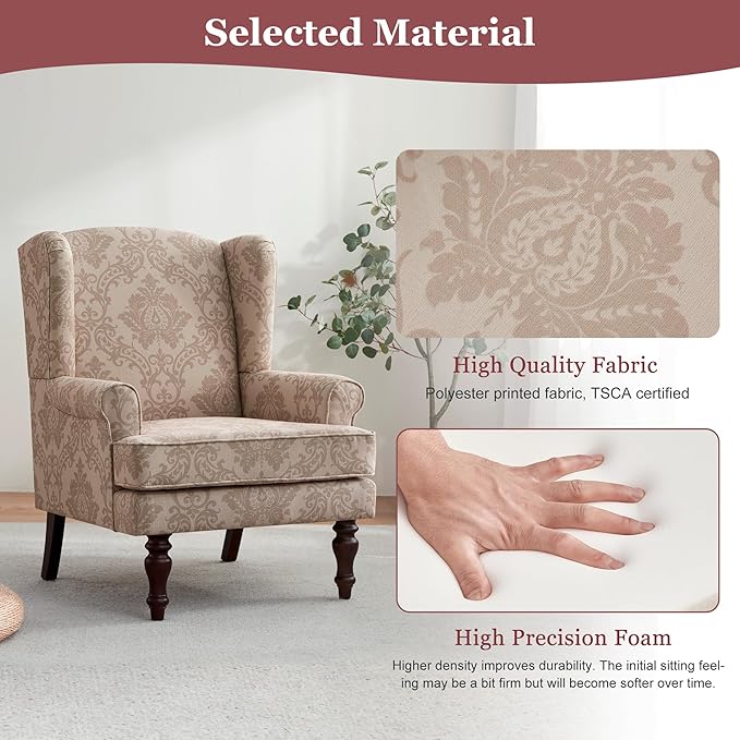 HUIMO Printed Wingback Accent Chair Linen Upholstered High Back Armchair Comfy Reading Chair for Living Room Bedroom Study 300lbs Weight Capacity (1 Brown Floral)