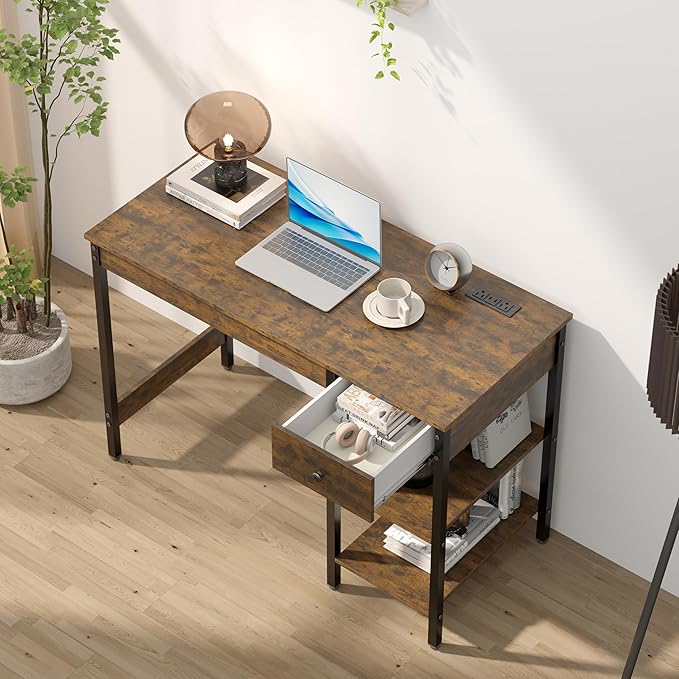 Manora 43 Inch Computer Desk with Drawers and Power Outlet Home Office Computer Tables for Laptop with Open Shelves Small Desk for Small Spaces Rustic Brown