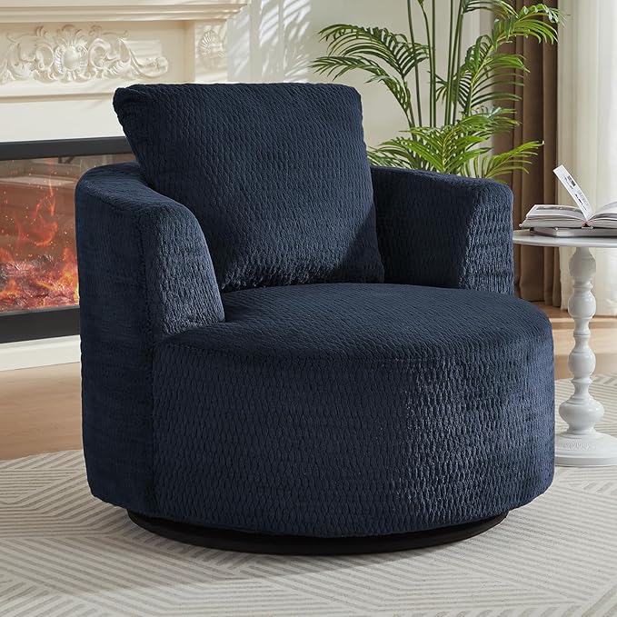 39.4 Wide Swivel Accent Chair Modern 360° Rotating Barrel Chair with Metal Base Club Single Sofa Chenille Armchair for Living Room Bedroom Reading Room Office (Dark Blue)