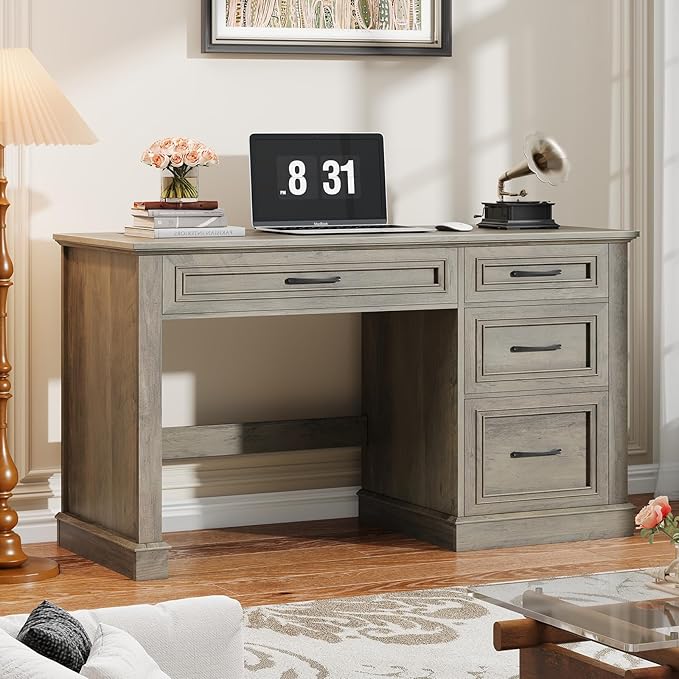 Vabches Farmhouse 47 Executive Desk Computer Desk with Drawers and File Drawer Workstation Computer Desk with Charging Station for Home OfficeStudy（Dark Grey